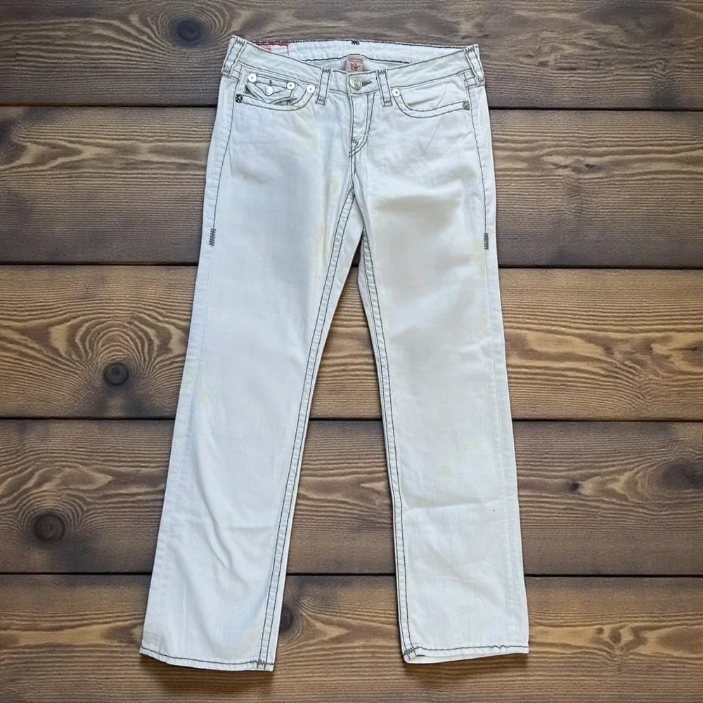 True Religion Mens White Black Contrast Big T Stitch Straight Leg Jeans Size‎ 32